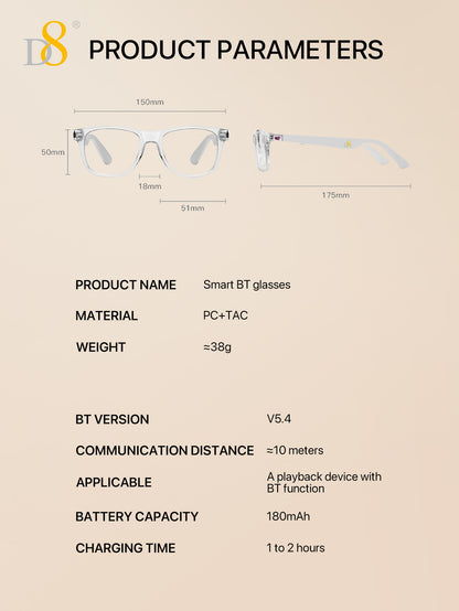 D8 Smart Bluetooth Glasses for Women, Blue Light Filtering Photochromic Transition Lenses, Touch Control and Voice Control, Professional-Grade Eye Protection, Ultra-Light Wireless Eyewear for Office/Reading