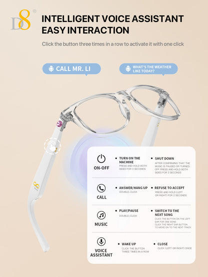 D8 Smart Bluetooth Glasses for Women, Blue Light Filtering Photochromic Transition Lenses, Touch Control and Voice Control, Professional-Grade Eye Protection, Ultra-Light Wireless Eyewear for Office/Reading