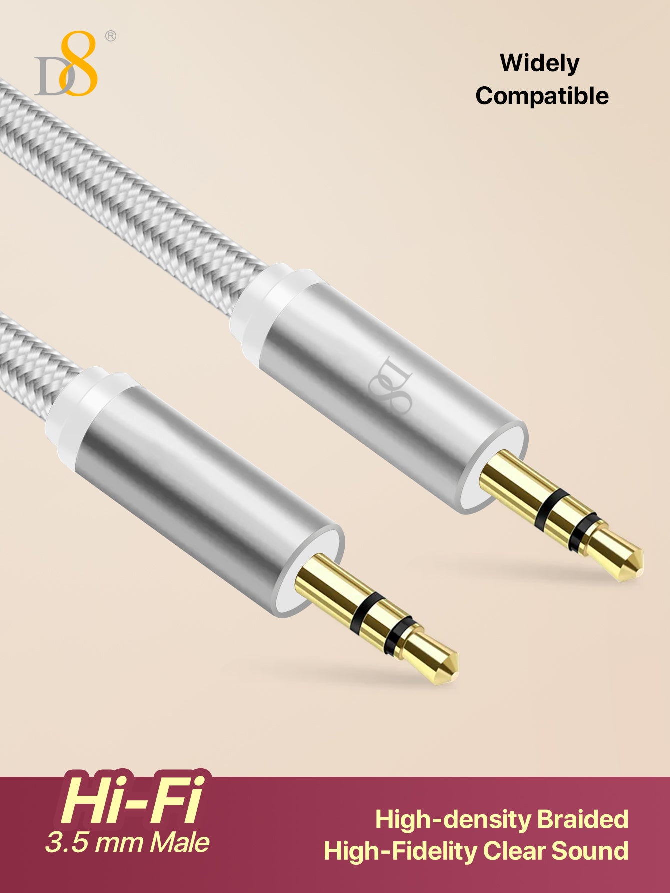 D8 1pc Auxiliary cable male to male, 3.5mm audio cable for car (1m) Input auxiliary cable, suitable for headphones, car/home stereo, speakers, etc. (with auxiliary port)