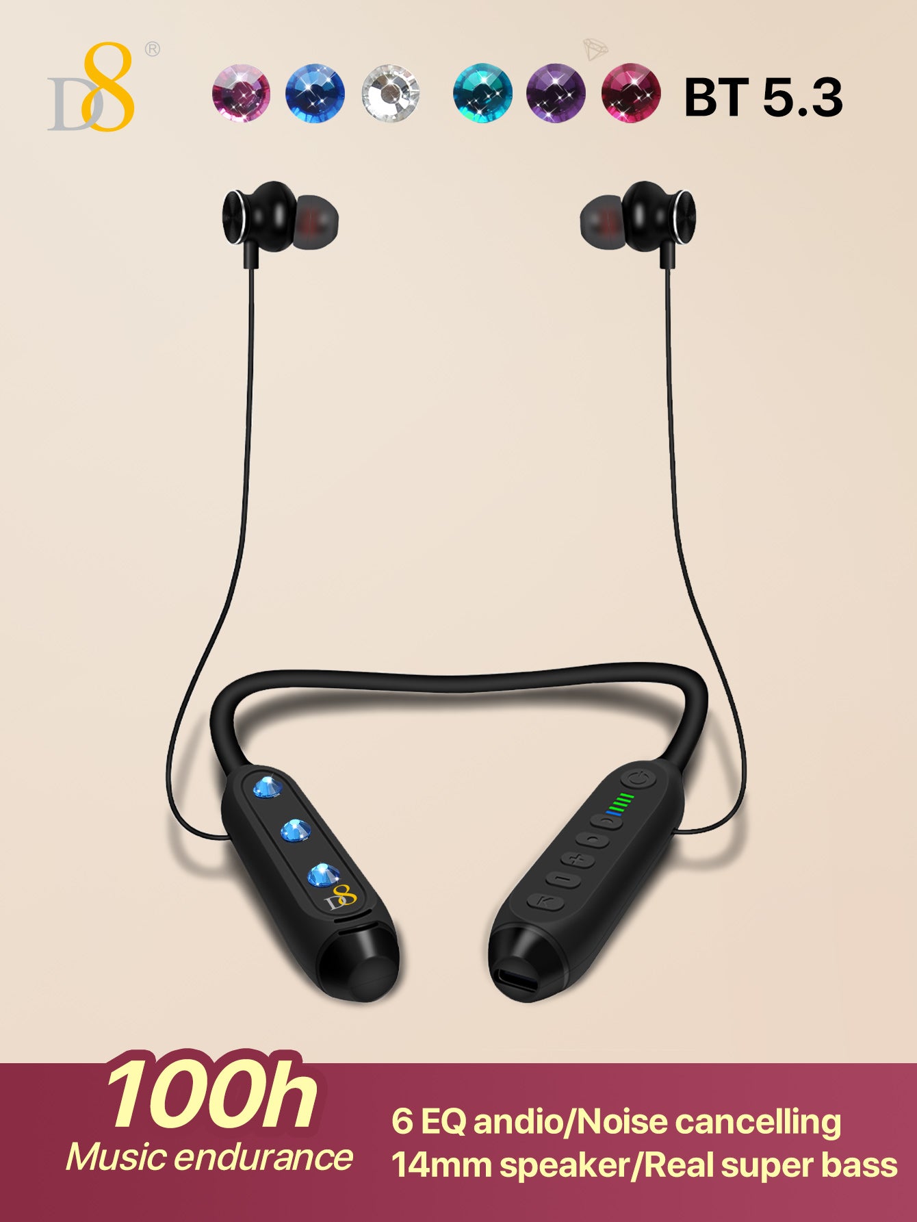 D8 Neckband Wireless Headphones – 100H Playback, Waterproof, Mic, Workout Ready