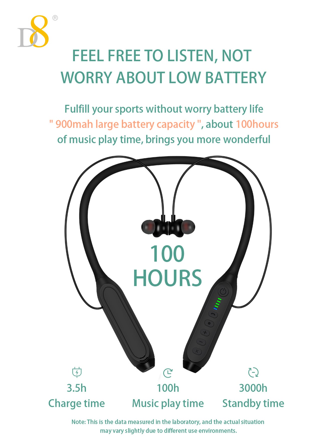 D8 Neckband Wireless Headphones – 100H Playback, Waterproof, Mic, Workout Ready