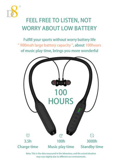 D8 Neckband Wireless Headphones – 100H Playback, Waterproof, Mic, Workout Ready
