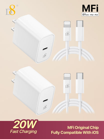 D8  iPhone Charger Super Fast Charging [MFi Certified] iPad Charger 20W PD USB C Wall Charger 2-Pack 3.3FT Fast Charging Cable Compatible with iPhone14/14 Pro Max/13/13Pro/12/12 Pro/11/11Pro/XS,iPad