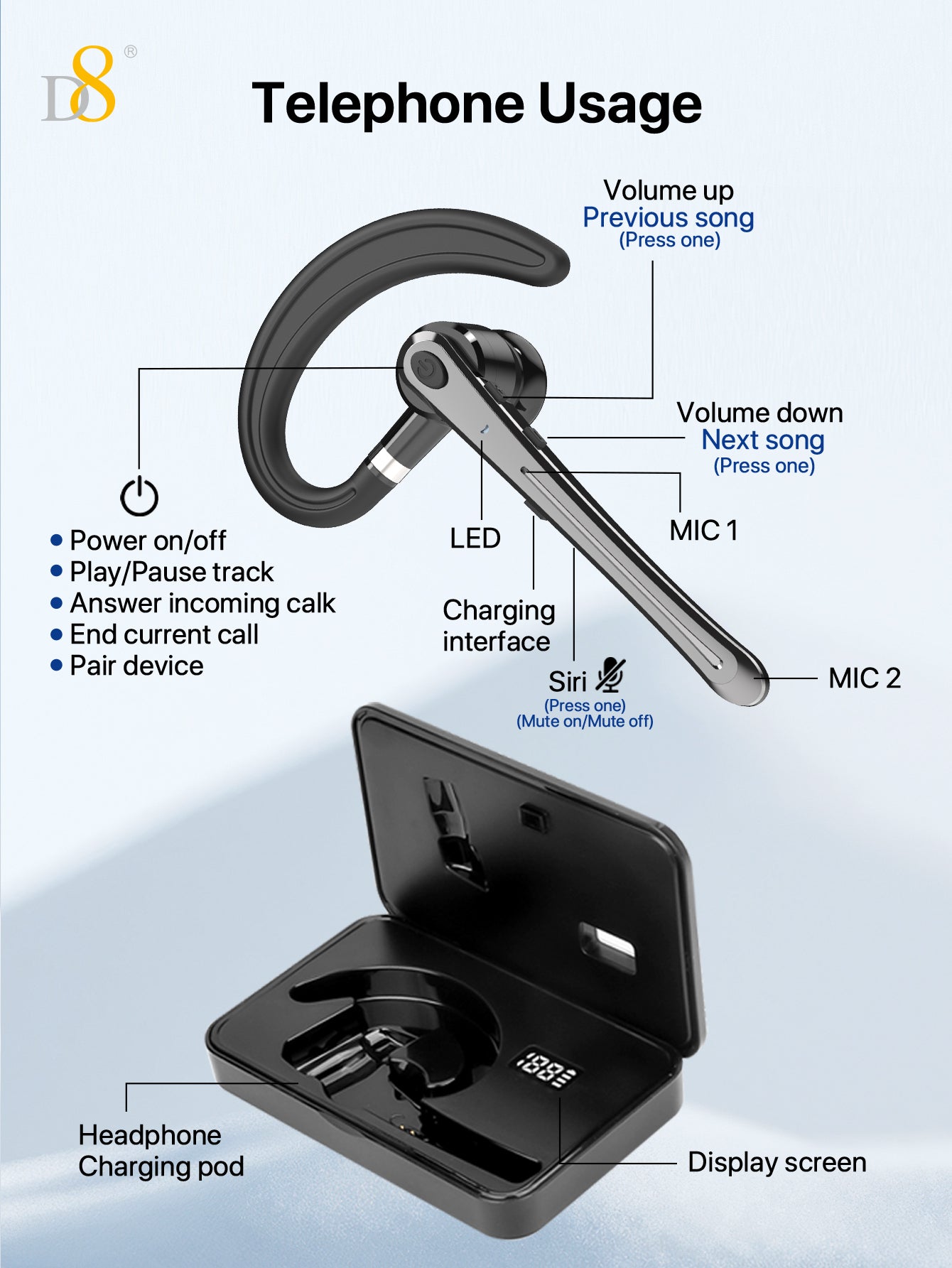D8 Wireless Earbuds with LED Display – 300H Battery, Over-Ear Hooks, Workout Ready