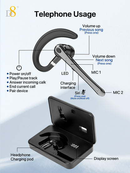 D8 Wireless Earbuds with LED Display – 300H Battery, Over-Ear Hooks, Workout Ready