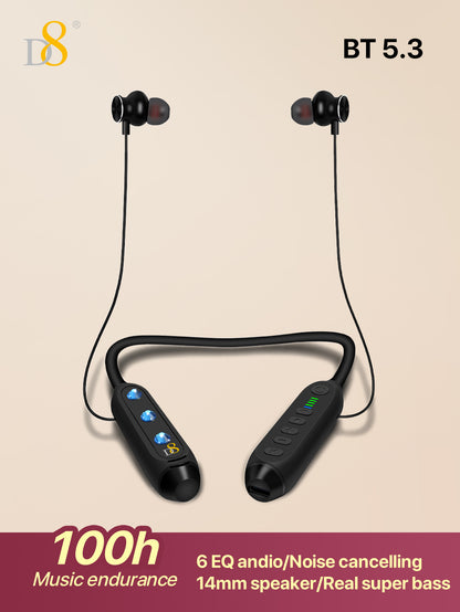 D8 Neckband Wireless Headphones – 100H Playback, Waterproof, Mic, Workout Ready