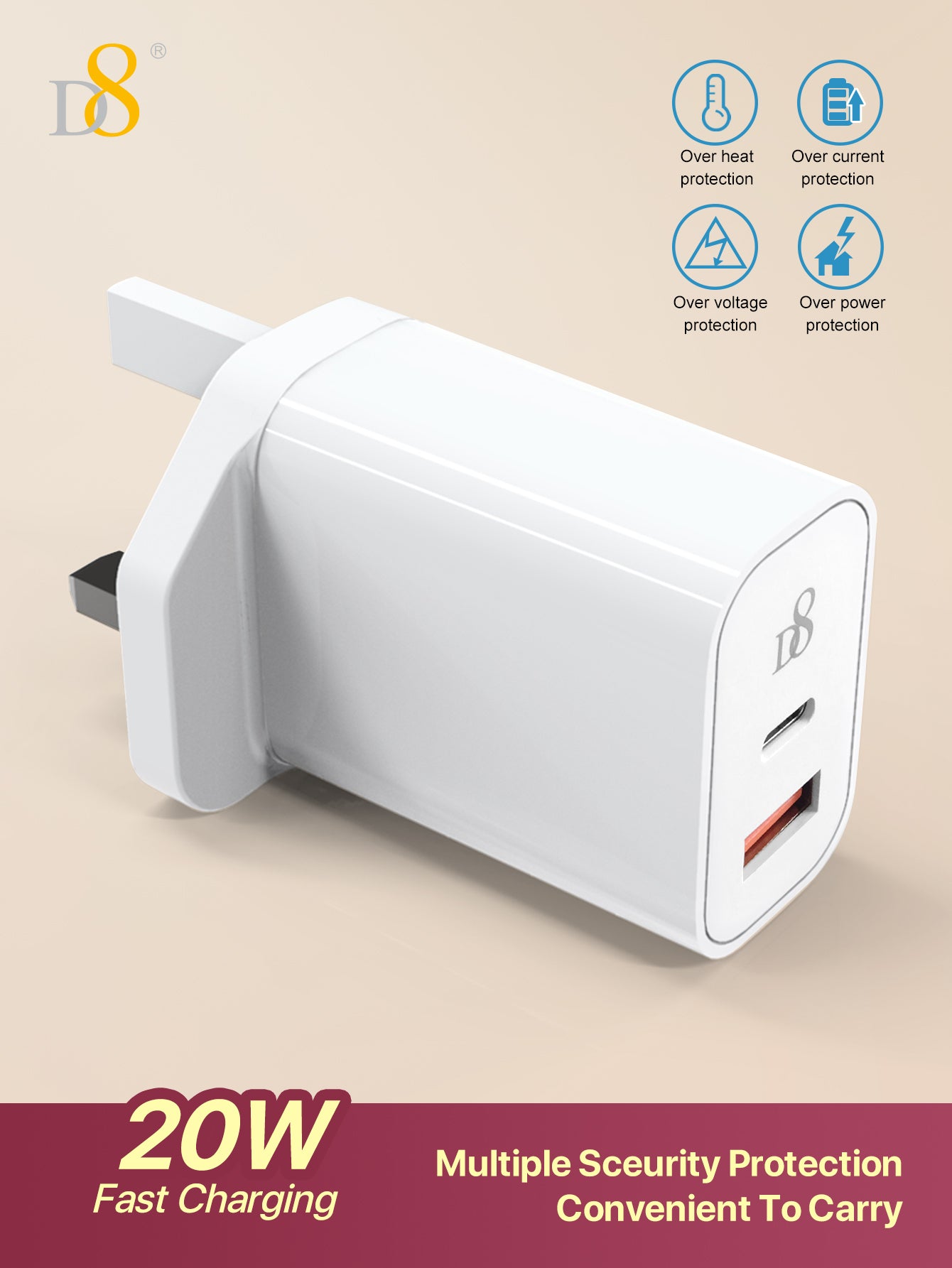 D8 1Pc IPhone 15 USB C Charger 20W PD Fast Charger Block, Type-C+QC3.0 Dual Port Wall Charger Power Adapter Compatible With IPhone16/16pro/ 15/15 Pro/15 Pro Max/14 Pro Max/13/12/11, IPad Pro/Air, Airpods Pro/Max,Galaxy And More