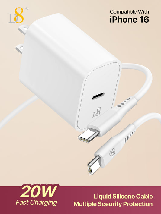 D8 20W USB C Fast Charger(ETL Listed), PD Power Wall Charger,USB C To USB C Cable , IPhone16/15 Charger Fast Charging, USB-C To USBC Power Cord Compatible With IPhone16/15/15Puls/15Pro/15Pro Max/IPad Air 4/5/IPad Pro 12.9/11, Type C (White)