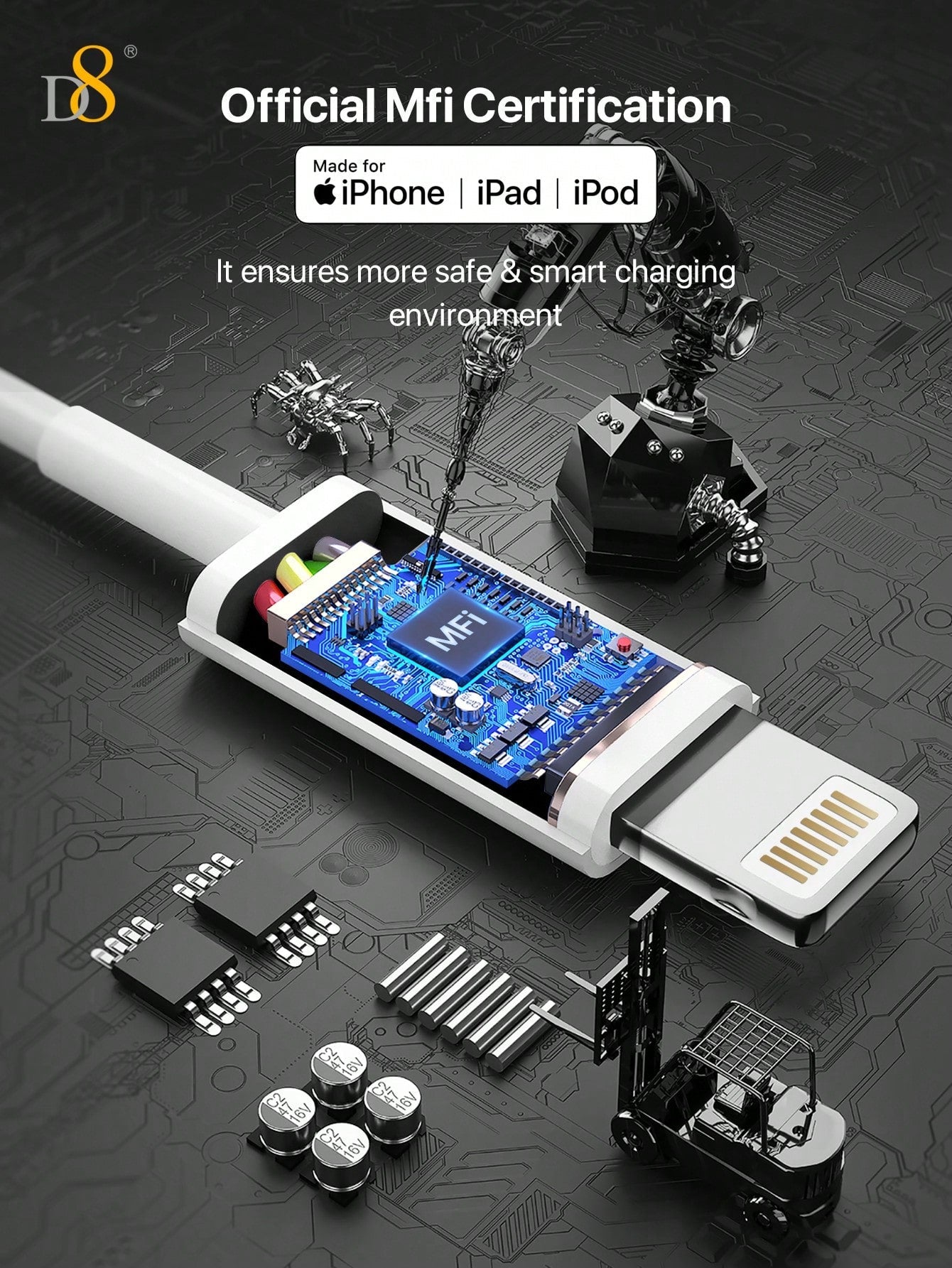 
Dynamic8 iPhone charging cable 0.25m, 2.4A fast charging USB-A to Lightning
