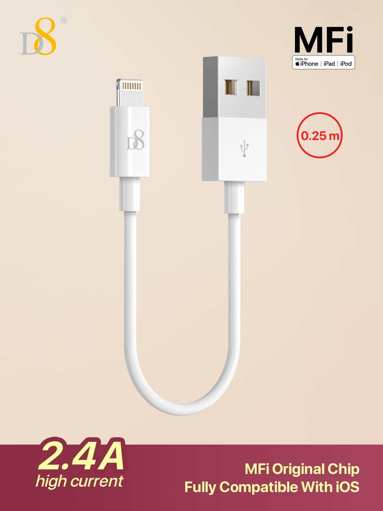
Dynamic8 iPhone charger cable 0.25m short length, MFi certified 2.4A fast charging
