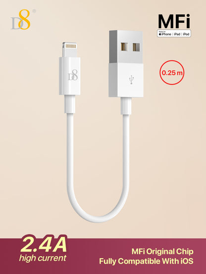 
Dynamic8 iPhone charger cable 0.25m short length, MFi certified 2.4A fast charging
