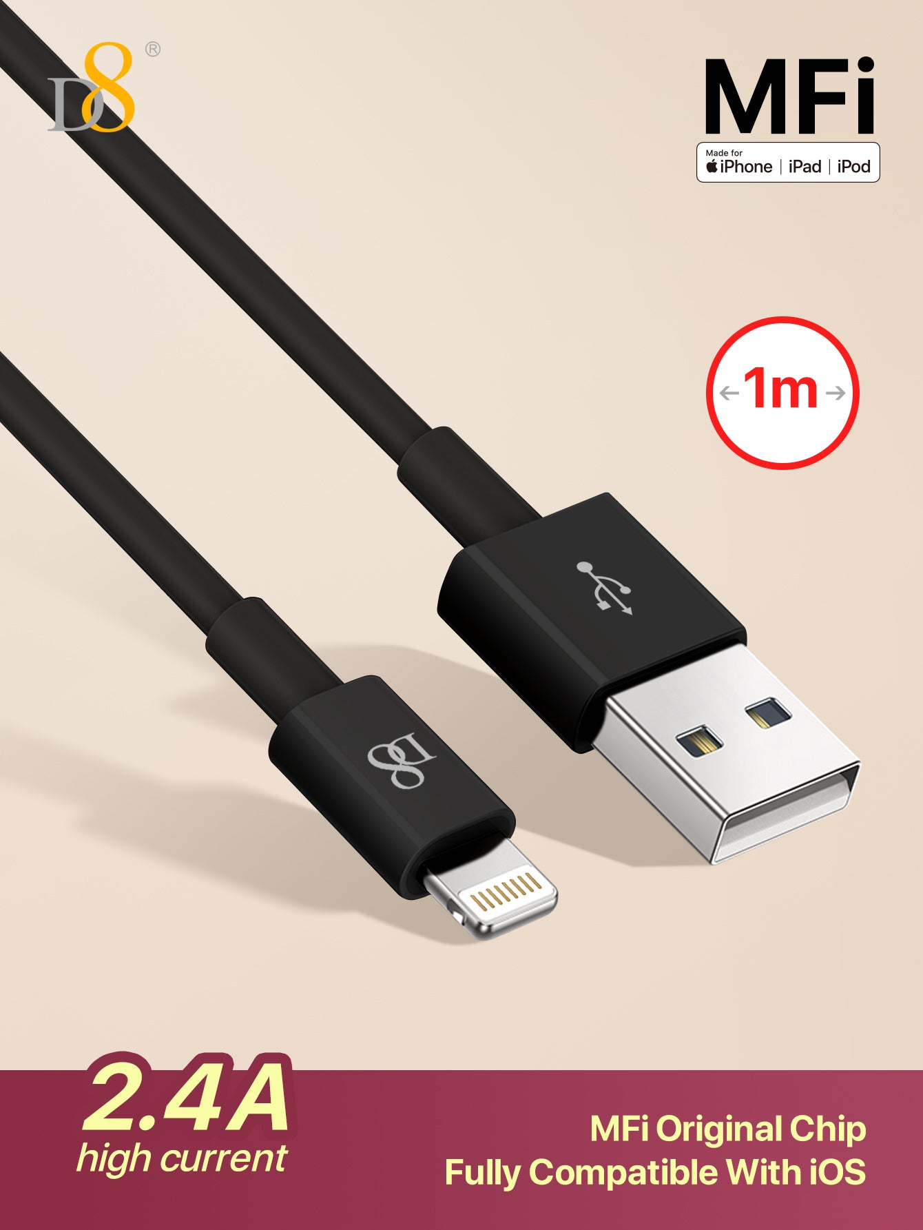 
Dynamic8 iPhone charger cable 3.3ft TPE USB-A to Lightning, MFi certified fast charging

