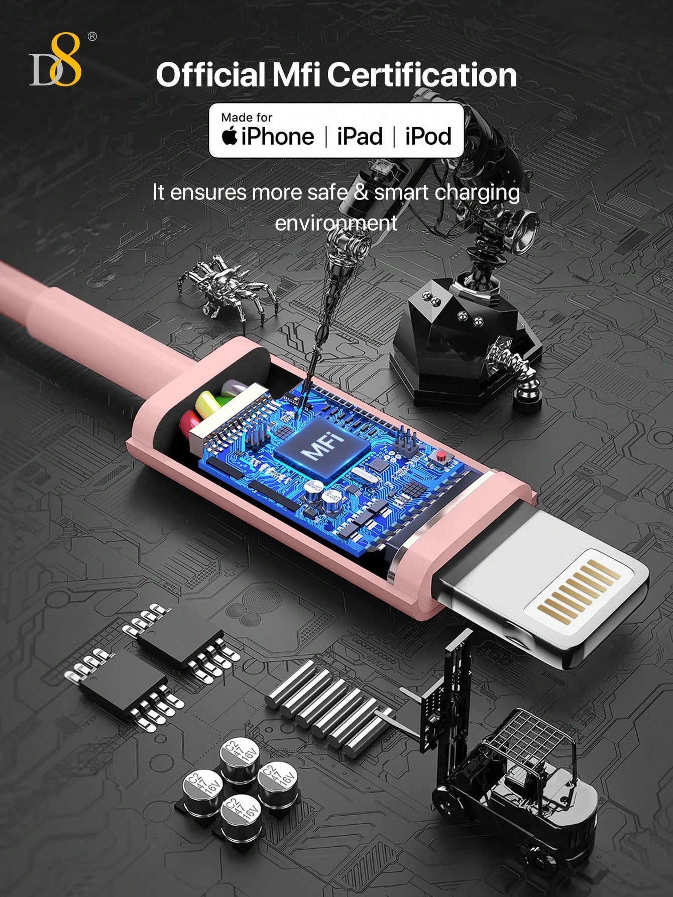
Close-up of Dynamic8 iPhone charger cable, MFi certified USB-A to Lightning connector

