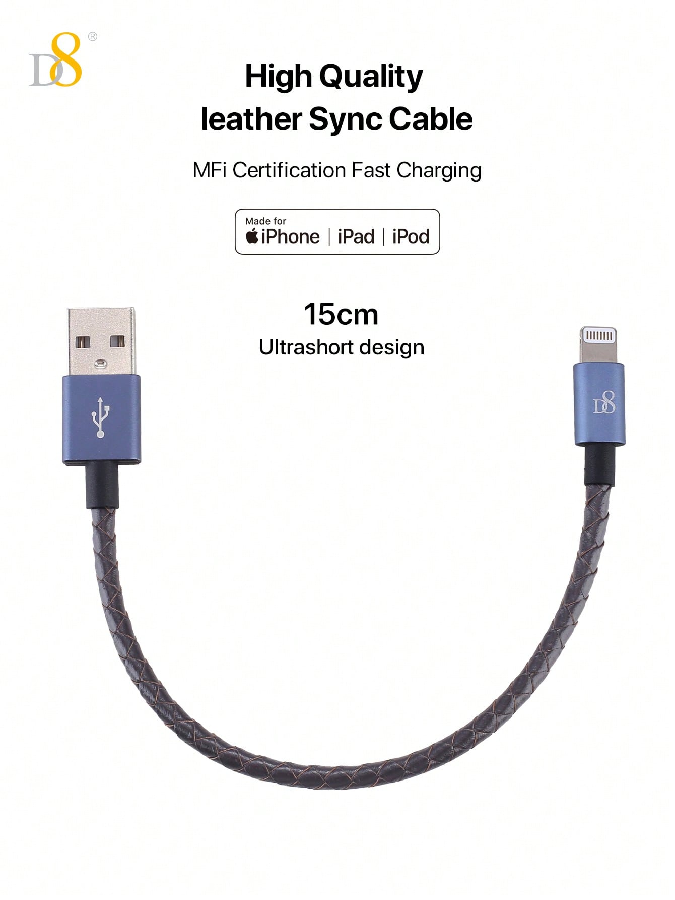 High-quality leather sync cable with MFI certification on a white background