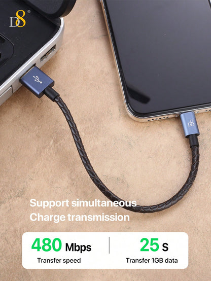 USB cable connecting to a smartphone on a beige surface with text highlighting transfer speed and time.