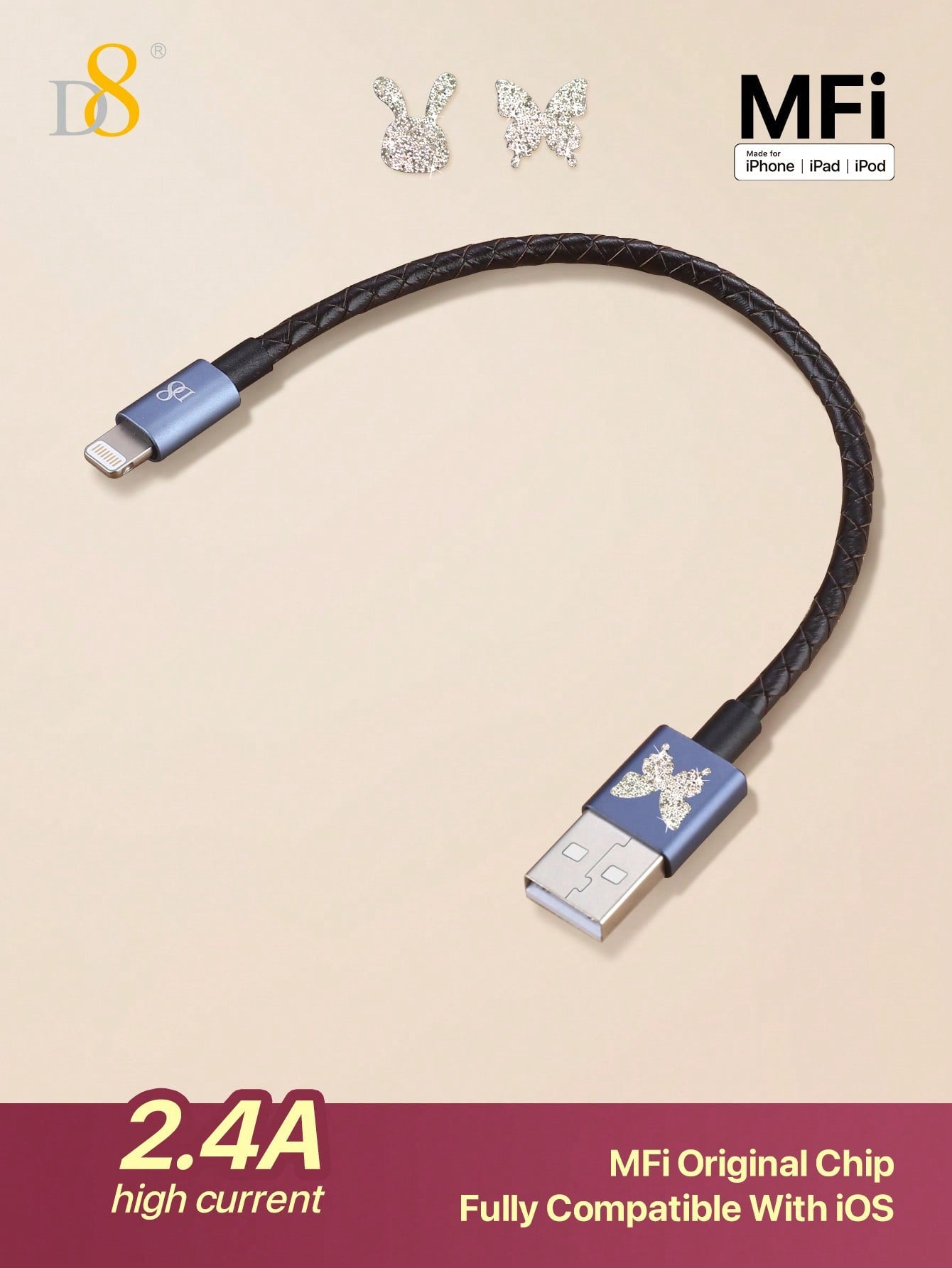 USB cable with butterfly design on a beige background, featuring MFi logo and compatibility text.