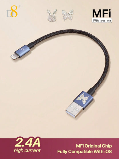 USB cable with butterfly design on a beige background, featuring MFi logo and compatibility text.