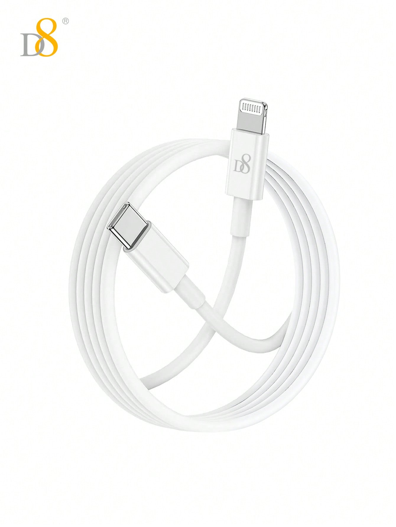 
Close-up of Dynamic8 USB-C to Lightning cable connector, MFi certified PD fast charging
