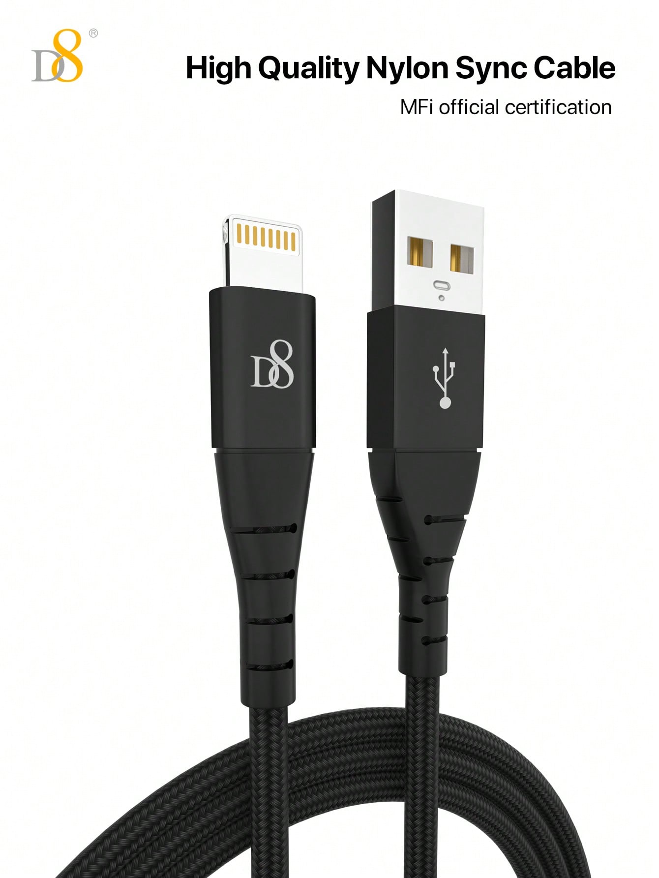 
Close-up of Dynamic8 premium nylon USB-A to Lightning iPhone charger cable, 3.3ft length
