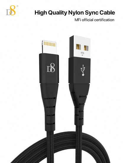 
Close-up of Dynamic8 premium nylon USB-A to Lightning iPhone charger cable, 3.3ft length
