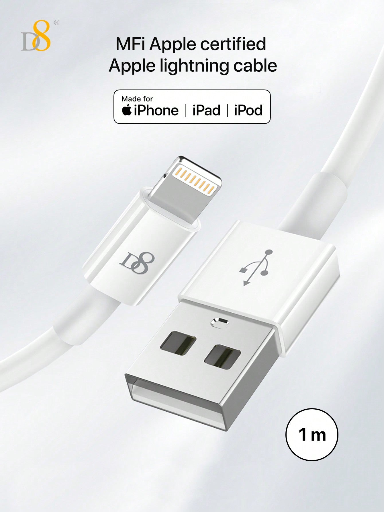 
Close-up of Dynamic8 0.25m USB-A to Lightning iPhone charger cable, MFi certified
