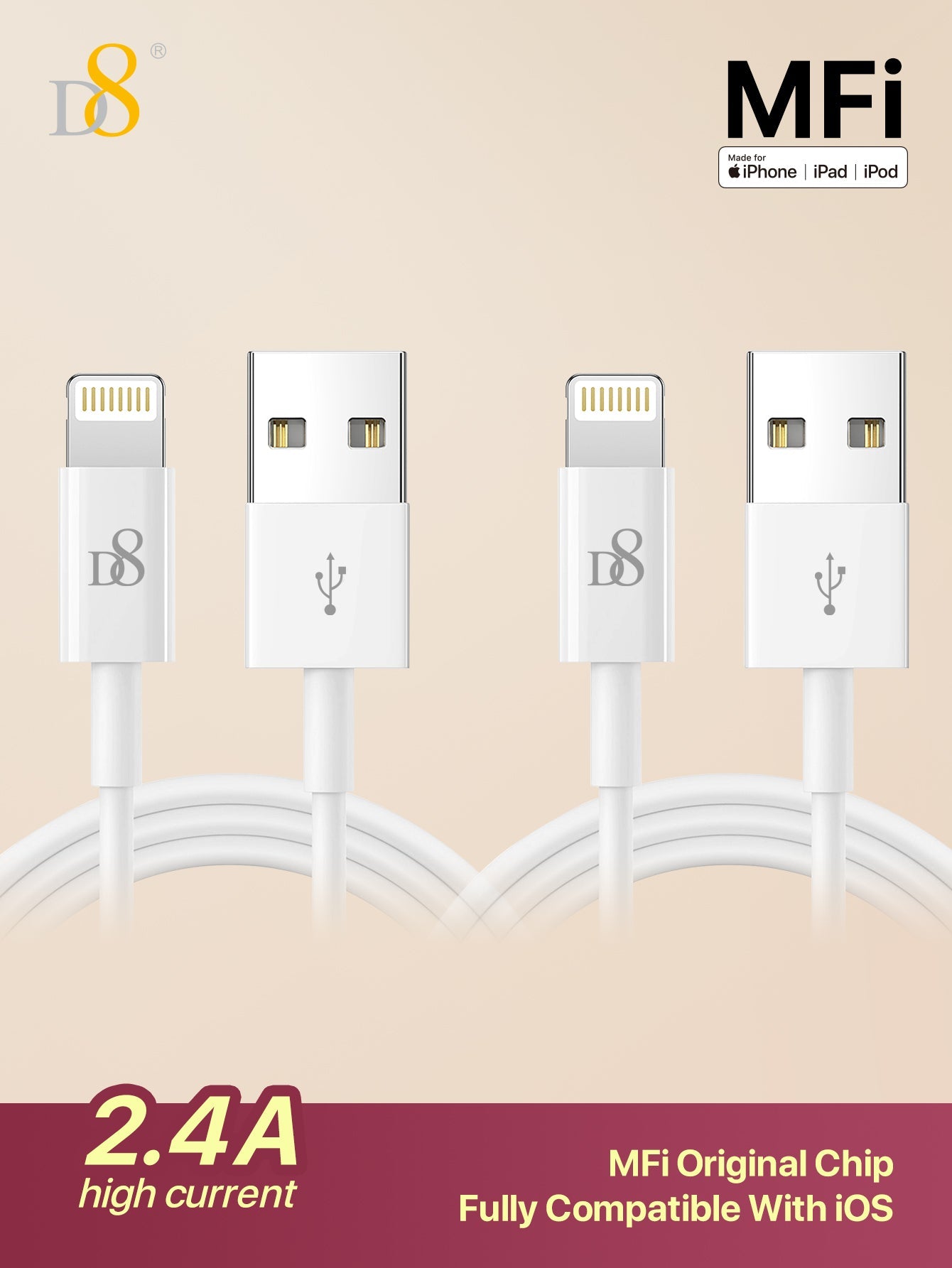 
Dynamic8 USB-A to Lightning cable 2-pack, MFi certified fast charging for iPhone and iPad
