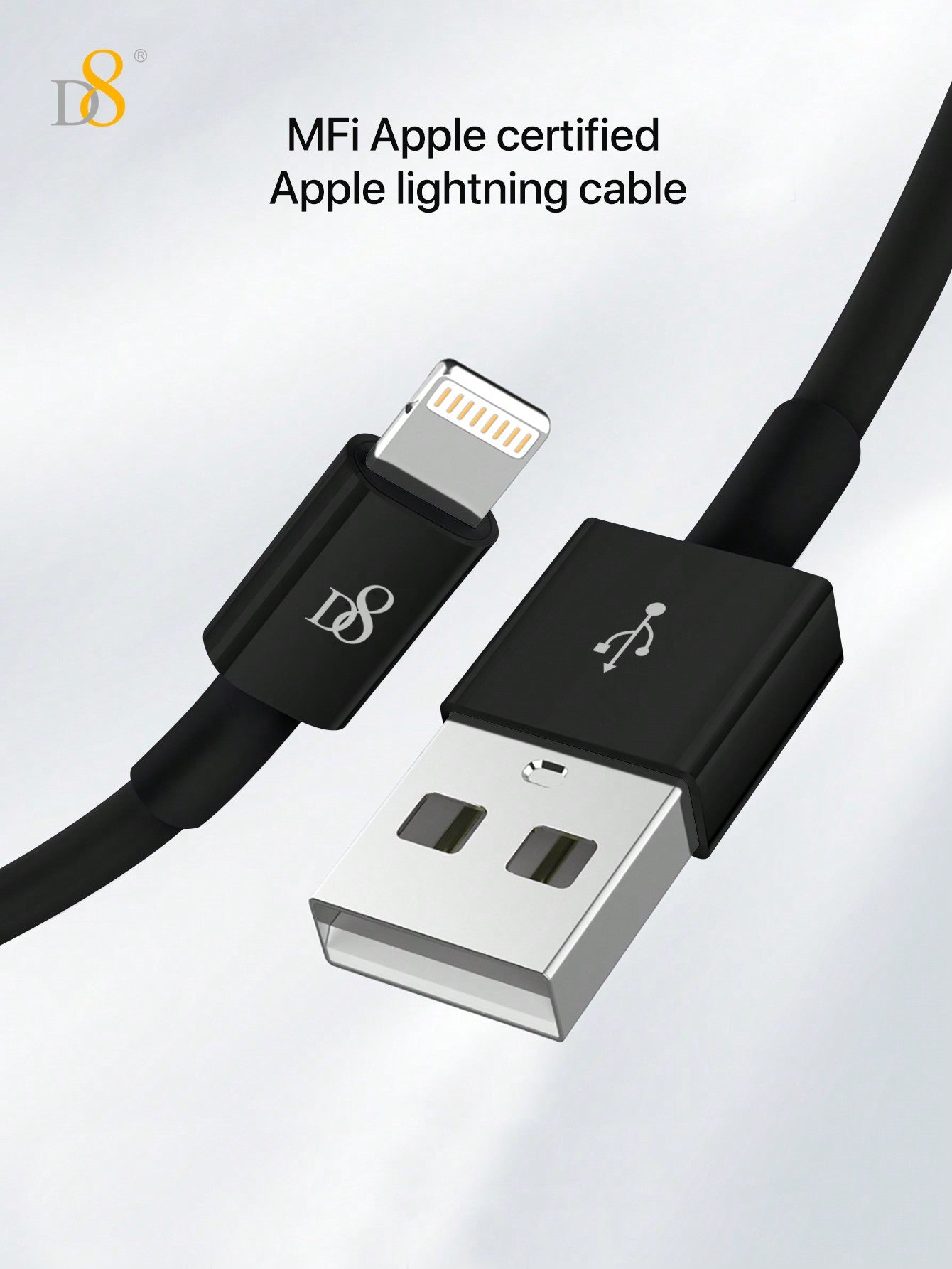 
Close-up of Dynamic8 3.3ft TPE USB-A to Lightning iPhone charger cable, MFi certified
