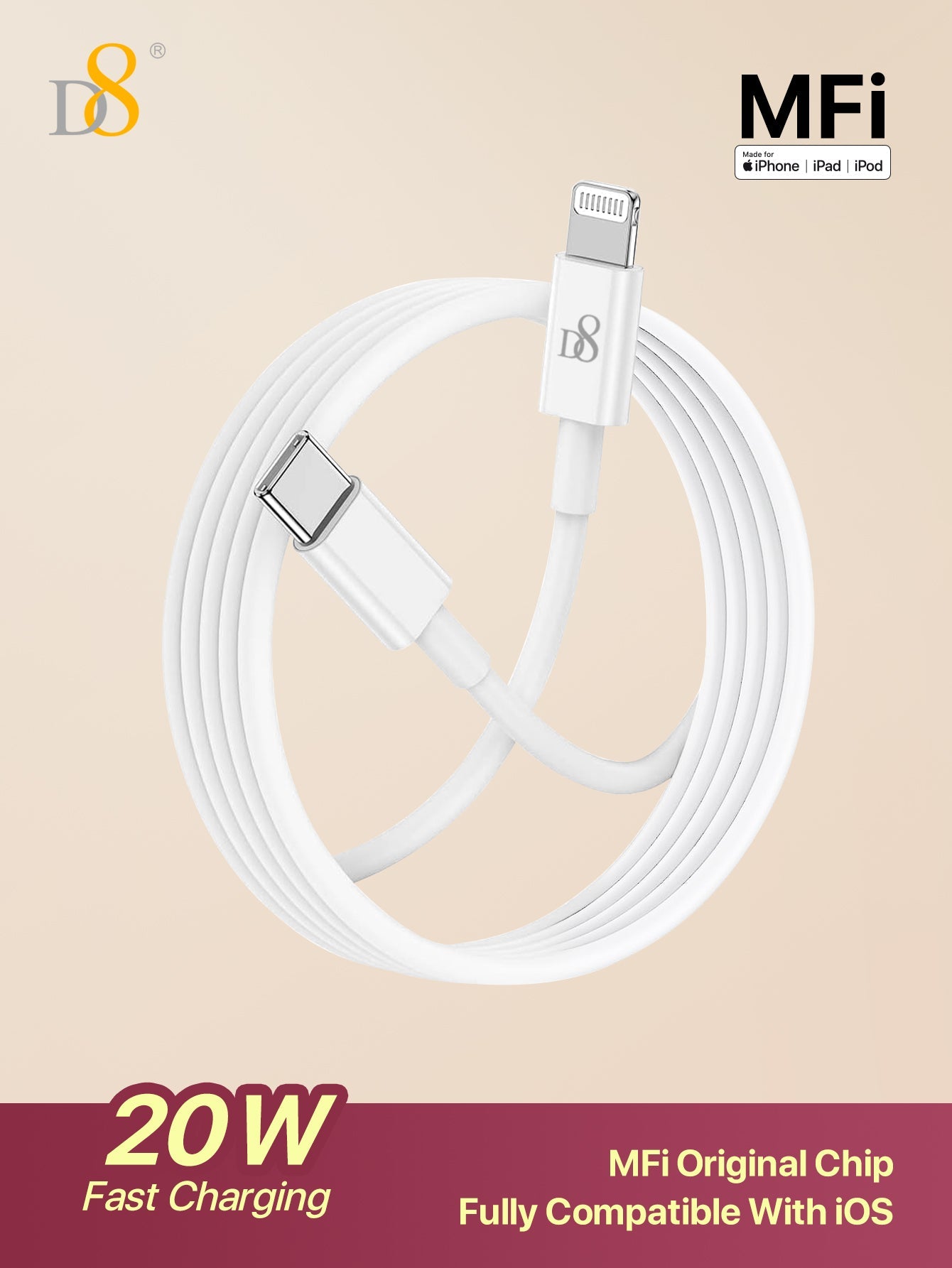 
Dynamic8 USB-C to Lightning charger cable 1M, PD fast charging for iPhone and iPad
