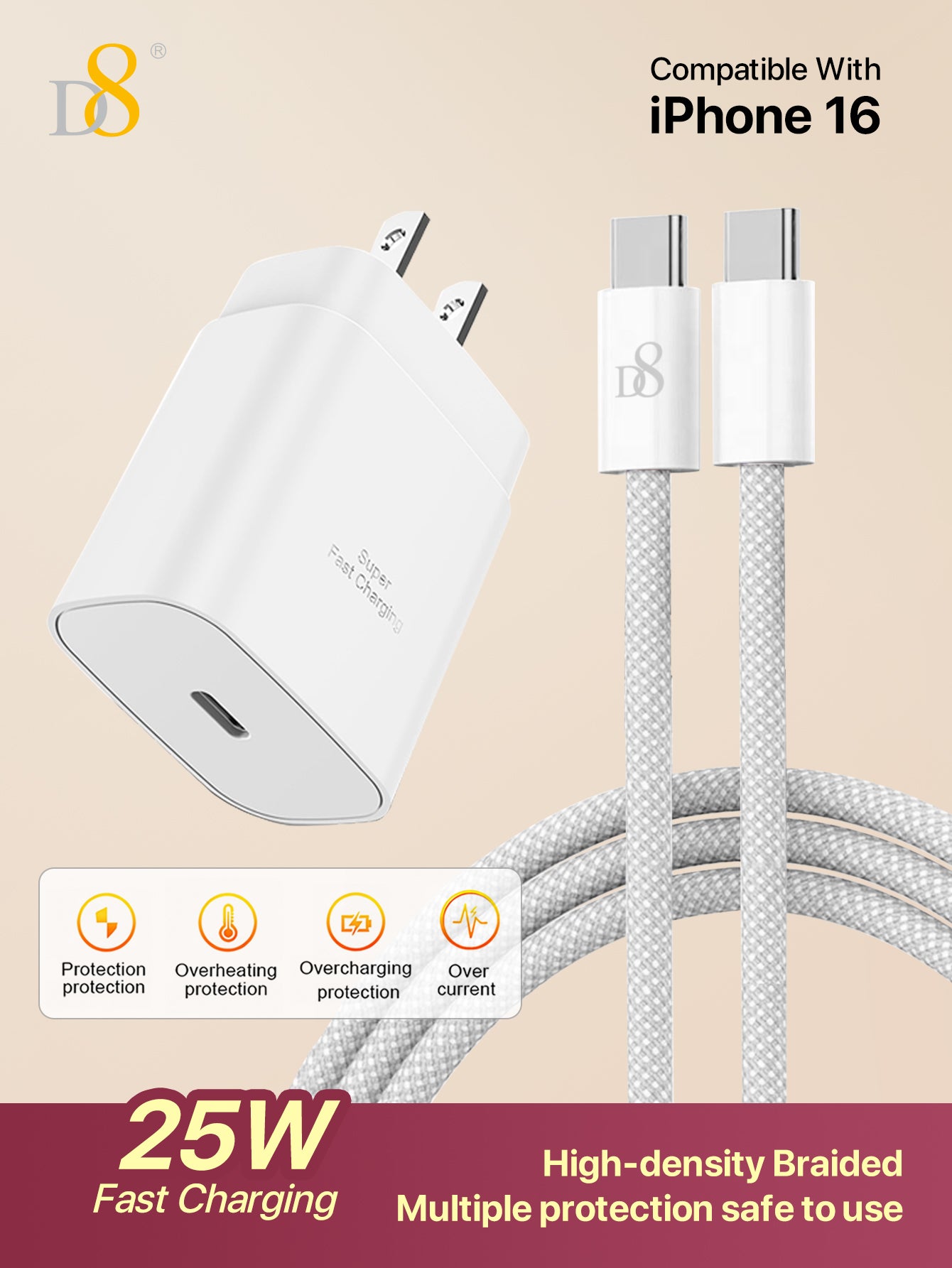 D8 1Pack IPhone 15 Charger Fast Charging 3.3 FT, 25W USB C Wall Charger With 3.3FT Long Type C Charger Fast Charging Cable Compatible With IPhone16/16pro/ 15/15 Pro/15 Pro Max/15 Plus, IPad Pro/Air/Mini, Galaxy S23 Ultra/S23/S23+/S22/S22 Ultra/S22+/S21/S2