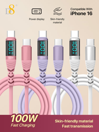 D8  USB C To USB C Cable, 100W/5A PD Fast Charging Charger Wire Cord  With LED Display,  Compatible With IPhone 15 Max/13/15Pro/ Air 2023/IPad Pro 2023, IPad Air 5,Samsung Galaxy S23 S23+ S23 Ultra S22 S22+ S22 Ultra S21/ S21+/ S21 Ultra S20/ S20+/ S20 Ul