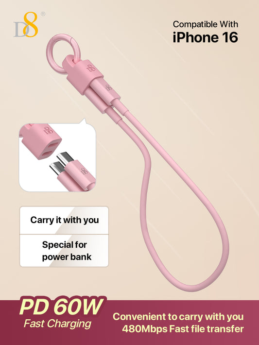 D8 USB C Keychain USB Data Cable (TPE,0.83ft 60W/3A) Short USB C Charger Cable, Type C Fast Charging Cord, Compatible With IPhone16 / IPhone16 Pro / IPhone 16 Pro Max/ 15/15 Pro/15 Plus/15 Pro Max, IPad Pro/Air/Mini, Galaxy Galaxy S23+/S23S22 S21 S20 FE U