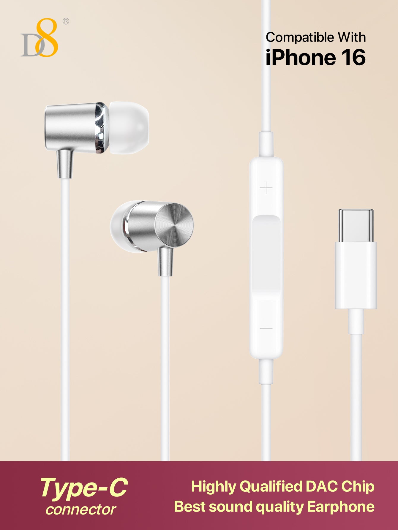 D8 USB Type C Headphones In Ear Earphones Earbuds With Mic And Volume Control ,Compatible Compatible With Iphone16 Pro / IPhone 16 Pro Max/15/15Puls/15Pro/15Pro Max/IPad Air 4/5/IPad Pro 12.9/11,IPad Pro /IPad Air/ IPad Mini/Galaxy S23 S22 S21 Ultra S20 F