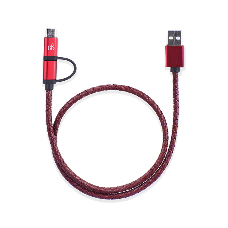 D8 Micro &amp; USB-C 2in1 转 USB 电缆 PU 皮革